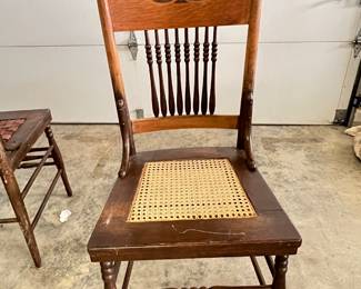 Antique Wooden Spindle Back Chairs with Carved Crest - Asking $199 for the pair.
