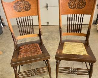 Antique Wooden Spindle Back Chairs with Carved Crest - Asking $199 for the pair.
