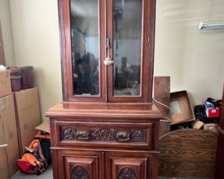 Antique Carved Wooden Cabinet with Glass Doors - Asking $399