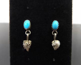 .925 Sterling Silver Turquoise Cabochon Leaf Dangle Post Earrings
