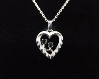 .925 Sterling Silver Emerald Crystal Accented Etched Heart Pendant Necklace

