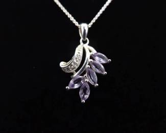 .925 Sterling Silver Amethyst Crystal Leaf Sprout Pendant Necklace
