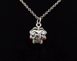 .925 Sterling Silver Multi Colored Stone Accented Scrolled Heart Pendant Necklace
