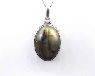 .925 Sterling Silver Larger Labradorite Cabochon Pendant Necklace
