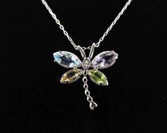 .925 Sterling Silver Multi Crystal Butterfly Pendant Necklace
