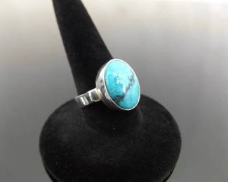 .925 Sterling Silver Turquoise Cabochon Ring Size 5.75
