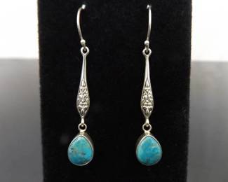 .925 Sterling Silver Turquoise Cabochon Hook Earrings
