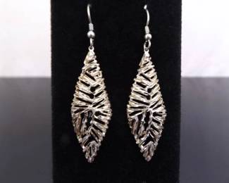 .925 Sterling Silver Etched Leaf Dangle Hook Earrings
