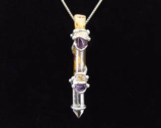 .925 Sterling Silver Sealed Healing Vial of Amethyst and Citrine Pendant Necklace
