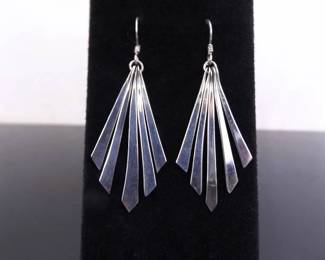 .925 Sterling Silver Artisan Bar Leaf Dangle Hook Earrings
