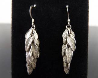 .925 Sterling Silver Artisan Leaf Dangle Hook Earrings
