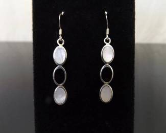 .925 Sterling Silver Inlayed Mother of Pearl and Onyx Hook Earrings
