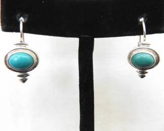.925 Sterling Silver Turquoise Cabochon Hinged Hook Latch Earrings
