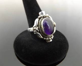 .925 Sterling Silver Amethyst Cabochon Ring Size 6
