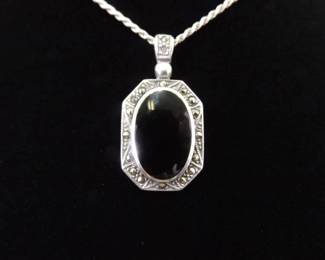 .925 Sterling Silver Art Nouveau Inlayed Onyx Pendant Choker Necklace
