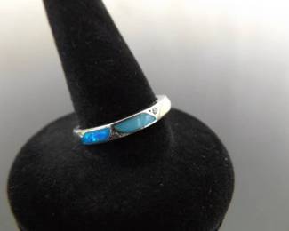 .925 Sterling Silver Inlayed Opal Band Ring Size 7.25
