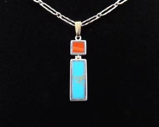 .925 Sterling Silver Inlayed Turquoise and Coral Pendant Necklace

