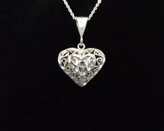 .925 Sterling Silver Carved Heart Pendant Necklace
