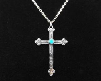 .925 Sterling Silver Cross with Turquoise Cabochon Accent Pendant Necklace
