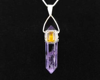 .925 Sterling Silver Amethyst and Citrine Accented Healing Crystal Pendant Necklace

