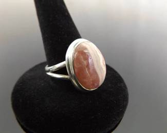 .925 Sterling Silver Rhodochrosite Cabochon Ring Size 7.75
