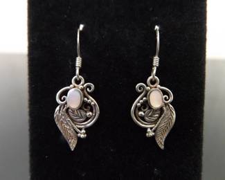 .925 Sterling Silver Inlayed Mother of Pearl Navajo Leaf Hook Earrings
