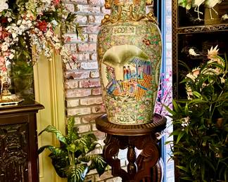 Asian carved pedestal, Famille Rose floor vase