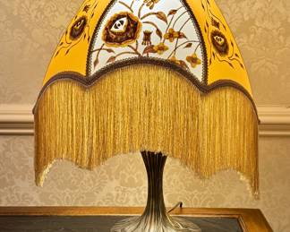 Deco embroidered fringe shade lamp, one of pair