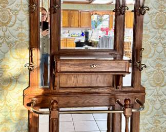 Oak and brass hall tree