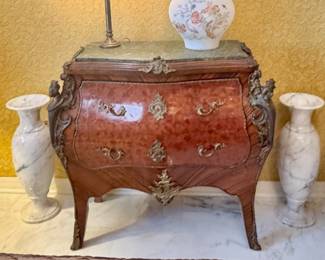 French marble top bombe chest with figural ormulu, pair of marble vases