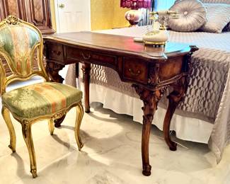 French stile writing desk, gilt chair