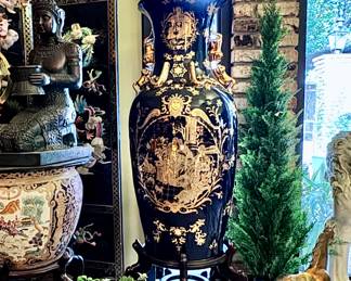 Colbalt and gold Asian floor vase