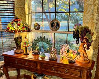 Century sofa table, stained glass lamps