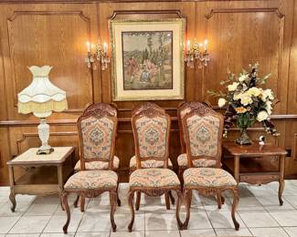 6 French style dining chairs with cut velvet upholstery, French provencial end tables