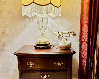 Mahogany bedside chest, one of pair, crystal lamp with fringe shade, one of pair