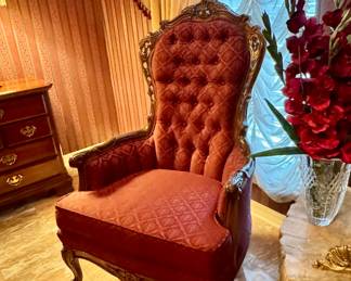 Victorian tufted Rococo style high back chair, one of pair