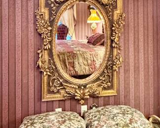 Ornate baroque style mirror and French provencial tapestry upholstered benches