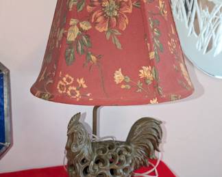 Vintage-style cast metal (ceramic)  rooster table lamp with a red floral fabric shade