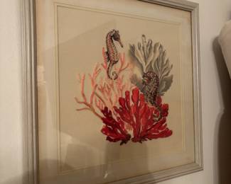 Embroidered coral and sea horses wall art