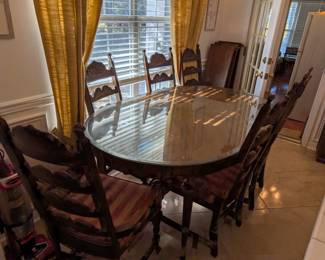 6 person dining room table with 2 leaves, red striped upholstery 