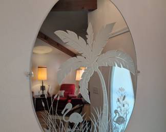 Large, custom oval mirrors, etched glass. Flamingos, palm trees. Gorgeous pair of mirrors. 