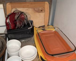 small white bowls, brand-new Oster hand-mixer, and large Rachael Ray glass bakeware