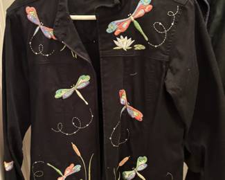 Quacker Factory black cotton blend jacket with embroidered dragonflies, flowers, and metallic threading