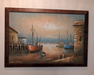 Large, beautiful oil painting. Boats, dock, sailboats, Signed "Joyce"