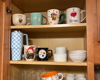 Glass cups, tons of coffee mugs