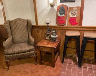 Nice wingback chair, side table, and barstools 