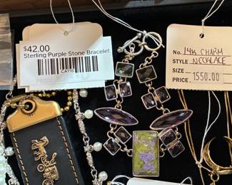 Sterling Purple Stone Bracelet, 14k Charm Necklace
