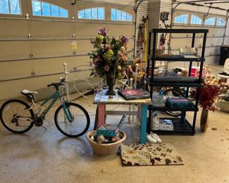 Schwinn Bike, Side Table, Storage Shelves