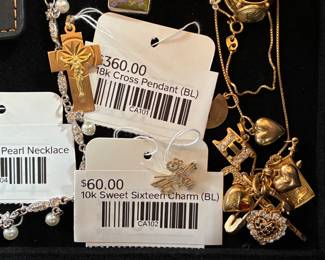 18k Cross Pendant (BL), 10k Sweet Sixteen Charm (BL)