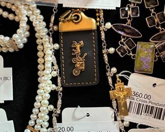 Coach Rogue 1941 Keychain, Swarovski Faux Pearl Necklace, 18k Cross Pendant (BL), 10k Sweet Sixteen Charm (BL), Sterling Purple Stone Bracelet